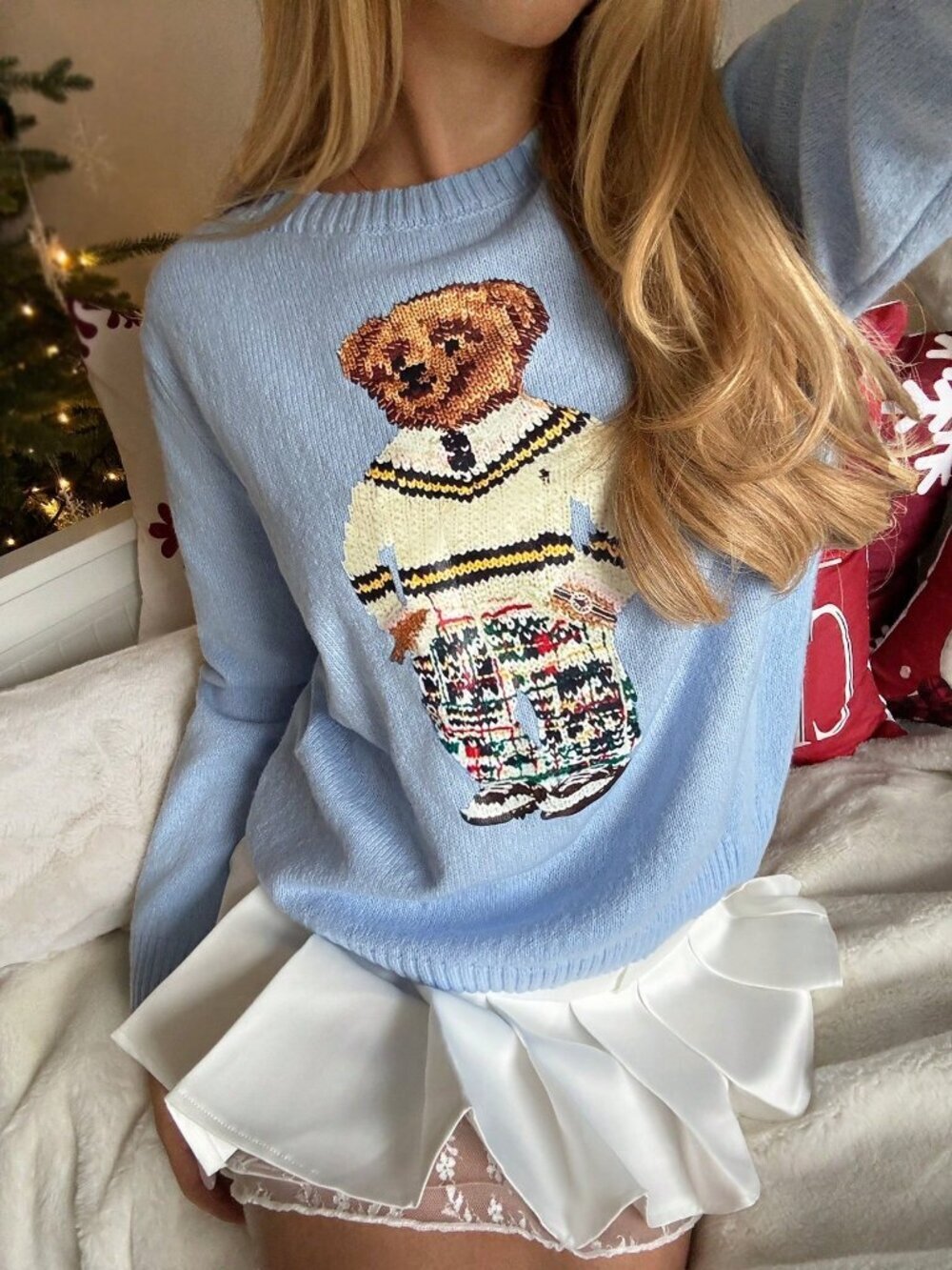 Grey Casual Women's Round Neck Long Sleeve Sweater Cartoon Bear Pattern